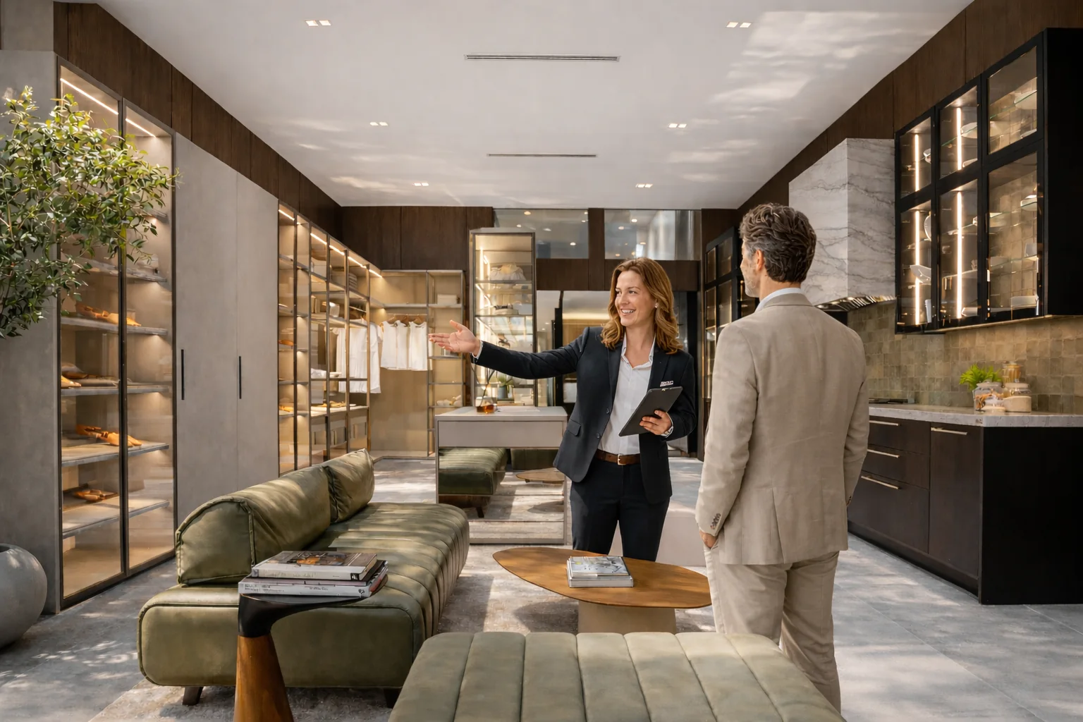 Sales advisory and team development conversation in a luxury showroom